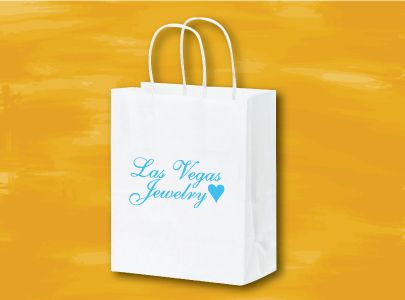 White Paper Bag with Handles decorated with Las Vegas Jewelry logo to be used for shopping and perfect for retail stores