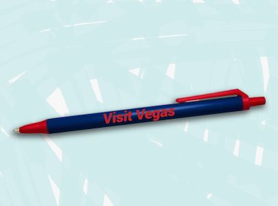 Retractable Bic Pen with Clip, Blue Barrel and Burgundy Trim imprinted with Visit Vegas logo for Las Vegas, Nevada